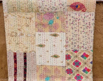 Vintage Indian Khambadiya Silk Sari Jari Patchwork Quilt Reversible Kantha Embroidery King Size Bed Cover Throw