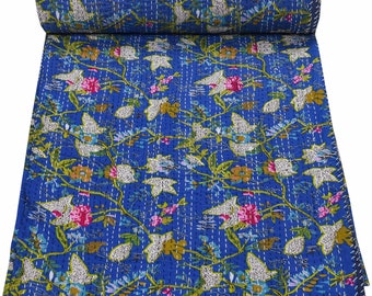 Handmade Vintage Kantha Quilt, Blue Floral Cotton Bedspread