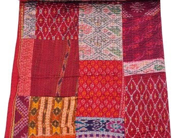 Vintage Silk Sari Patchwork Quilt, Handmade Kantha Bedspread