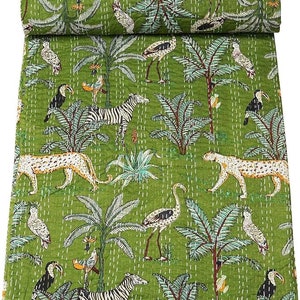 MTTCRAFT Indian Vintage Handmade Hand Stitched Cotton Jungle Animal Printed Kantha Quilt (Mehandi) (Queen) 60&quot;X90&quot;, 90&quot;x108&quot;, 108&quot;X108&quot;