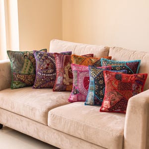 Handmade Beads Work Patchwork Cushion Cover, Vintage Indian Embroidered Throw Pillow Cover, Boho Decorative Home Decor