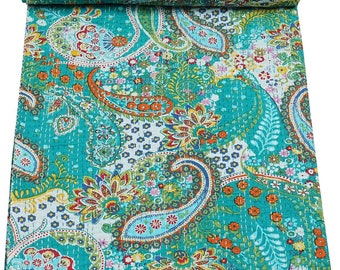 Edredón Kantha Paisley hecho a mano, edredón de algodón turquesa