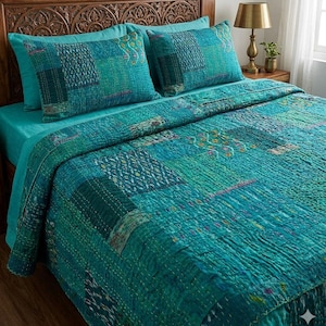 Turquoise Silk Sari Patchwork Quilt, Vintage Kantha Bedding