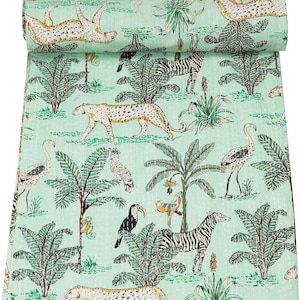 MTTCRAFT Indian Vintage Handmade Hand Stitched Cotton Jungle Printed Animal Printed Kantha Quilt (Mint) (Queen) 60&quot;X90&quot;, 90&quot;x108&quot;, 108&quot;X108&quot;
