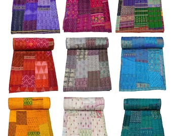 Vintage Silk Sari Patchwork Kantha Quilt, Handmade Indian Bedspread