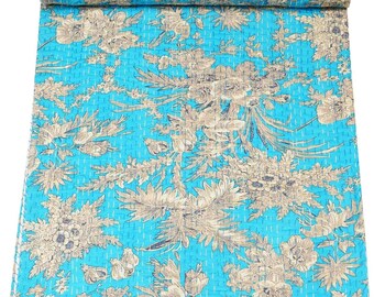 Floral Kantha Quilt, Sky Blue Vintage Cotton Bedspread