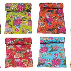 Indian Vintage Handmade Stitched Pure Cotton Fruit Print Kantha Quilt, Reversible Kantha Quilt Multicolor  60&quot;X90&quot;, 90&quot;x108&quot;, 108&quot;X108&quot;