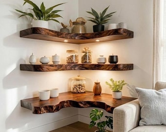 Estantería de esquina de madera maciza, estantes únicos montados en la pared, estantería flotante de madera, estante vintage personalizado