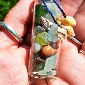 Small glass bottle filled with genuine Sea Glass, Shells & Pebbles by The Wood Rescuer