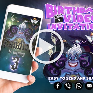 Puede incluir: Una invitación de video de cumpleaños morada y negra con Ursula, Maléfica y la Reina Malvada de Disney. La invitación dice "Candice cumple 3 años".
