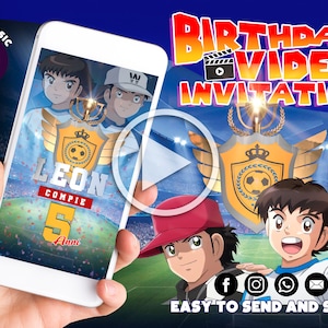 May include: A birthday video invitation with a soccer theme. The invitation features a cartoon soccer player and the text "LEON COMPIE 5 Anni".