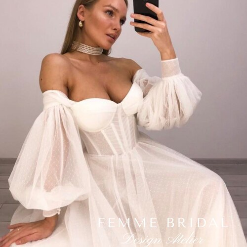 JULIET Wedding Dress, Tulle A Line Gown, Lantern Off Shoulder Long Sleeve, Crossed Bustier Corset,Custom, Sweetheart Neckline,Dotted Tulle