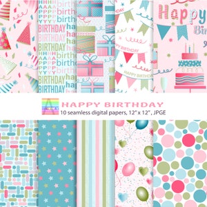 Buon compleanno, modello senza soluzione di continuità, pacchetto di documenti digitali, documenti Decoupage, carta Scrapbook, sfondi digitali, documenti Quilling