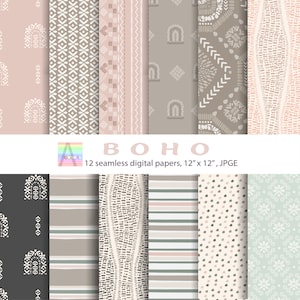 BOHO Digital papers pack, Benodigdheden, decoupagepapier, plakboekpapier, digitale achtergronden, digitale patronen, beige, groen, roze