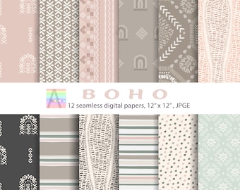 Boho Digital Paper Pack: Beige, Green, Pink Patterns (12"x12" JPEG)