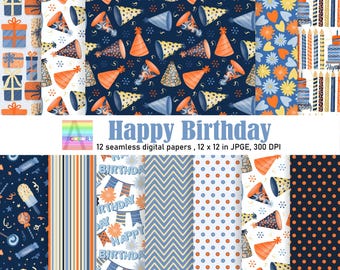 May include: A collection of 12 seamless digital papers with a birthday theme. The designs include party hats, gifts, flowers, candles, and polka dots in shades of blue, orange, and white. The text "Happy Birthday" is also visible.