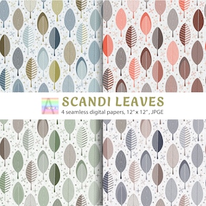 Modello di foglie scandinave senza soluzione di continuità, Pacchetto di carte digitali, Materiali di consumo, Carte decoupage, Carta scrapbook, Sfondi digitali, Design nordico