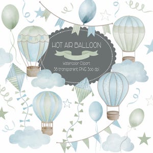 Hot Air Balloon Watercolor Clipart, Nursery Decor , Digital Paper, Blue Baby Shower Design, Boy Birthday Decor