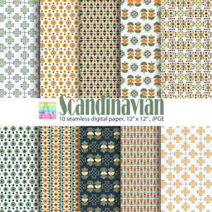 May include: Ten digital paper designs in a Scandinavian style with geometric patterns in shades of green, yellow, orange, and white. The designs are seamless and measure 12 inches by 12 inches.
