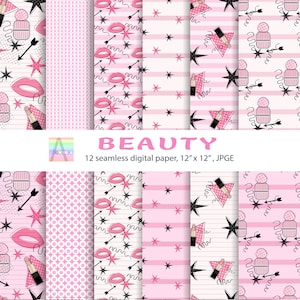 Bellezza, carte digitali make-up, pacchetto di carte digitali, carte decoupage, carta Scrapbook, sfondi digitali, colore rosa, bianco, nero