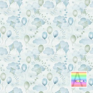 May include: A seamless pattern featuring blue and green watercolour illustrations of clouds, kites, and balloons on a light blue background. The pattern is perfect for fabric, wallpaper, or wrapping paper.