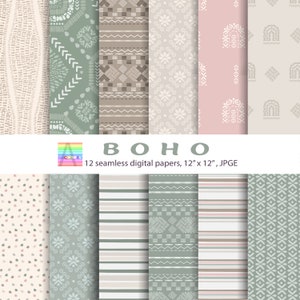 BOHO Digital papers pack, Benodigdheden, decoupagepapier, plakboekpapier, digitale achtergronden, digitale patronen, beige, groen, roze