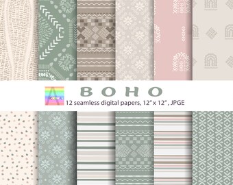 Boho Digital Paper Pack: Beige, Green & Pink Patterns (12"x12" JPEG)