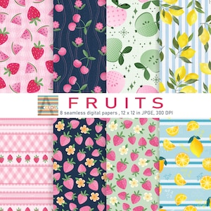 以下が含まれることがあります： イチゴ、チェリー、レモン、スイカ、キウイなど、さまざまなフルーツをフィーチャーした8つのデジタルペーパーデザインのセット。各デザインは、明るく楽しいカラーパレットでシームレスなパターンになっています。