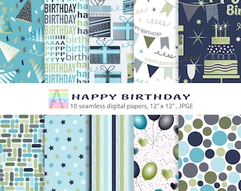 May include: Ten digital papers with a blue, green, and white color scheme. The papers feature various patterns including stars, stripes, polka dots, balloons, and gift boxes. The papers are designed for birthday celebrations and include the text "Happy Birthday".