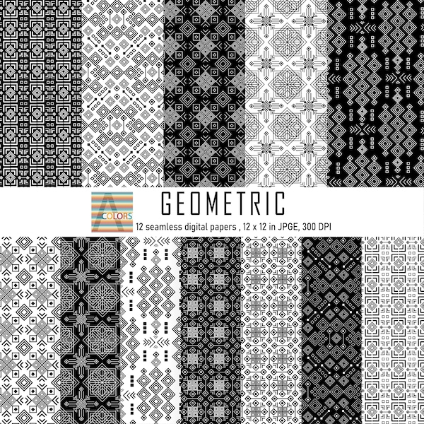 Black and white geometric, seamless pattern, Digital papers pack, Supplies, Decoupage papers, Scrapbook paper, Quilling patterns