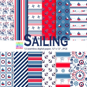 Modello senza cuciture SAILING, pacchetto di documenti digitali, forniture, carte per decoupage, carta per album, sfondi digitali, colore blu, rosso, bianco