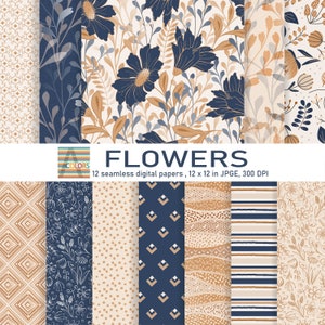 Beige and Blue Flowers seamless papers , Digital papers pack, Supplies, Decoupage papers, Scrapbook paper, Digital backgrounds, image 1