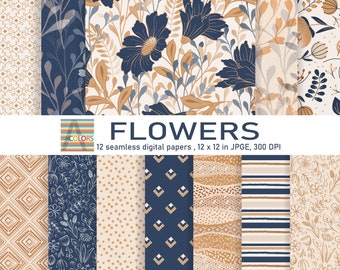 Beige and Blue Flowers seamless papers , Digital papers pack, Supplies, Decoupage papers, Scrapbook paper,  Digital backgrounds,