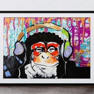 Monkey DJ Paint Style Purple Banksy Wall Art. Urban Hypebeast Street Graffiti. Print at Home Decor. Printable Digital, Instant Download.