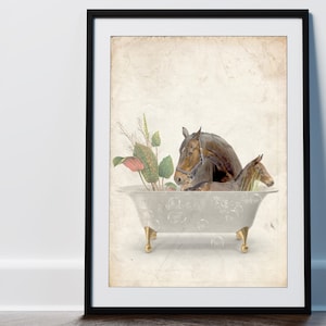 Baby Horse and Mum in a Bath Tub Art Print, Home Decor, Vintage Bathroom, Kids Nursery, Boys Girls Bedroom, Neutral Tone, Printable Download