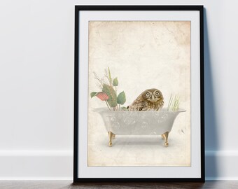 Baby Owl in a Bath Tub Wall Art Print, Home Decor, Vintage Bathroom, Kids Nursery, Boys Girls Bedroom, Neutral Tone, Printable Download