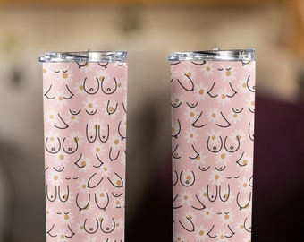 Boobies Tumbler 20 oz Skinny, Pink Boobies with Flowers, Pink Boobies Feminism Tumbler, Women Rights, Breast Cancer Awareness