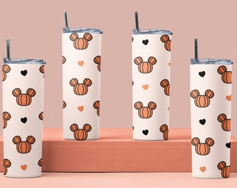 Pumpkin Spice Season Tumbler, Pumpkin Mickey Halloween 20 oz Skinny Tumbler, Halloween Tumbler with Heart Shapes, Perfect Gift for Halloween