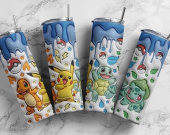 3D Poke PKM Tumbler Wrap Skinny Tumbler Wrap, 20oz Kids Cartoon Tumbler Wrap Sublimation Design on 20 oz Skinny Tumbler
