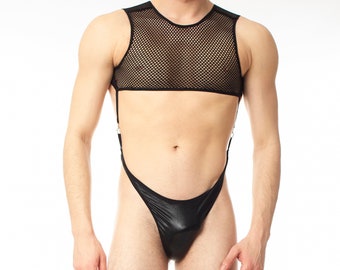 Conjunto de bikini y top corto de malla para hombre de vanguardia: dúo transparente provocativo, hecho a mano, atuendo inclusivo LGBT+