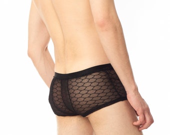 Chic Honeycomb Lace Men's Boxers - Bold Sheer Pattern, Handmade Sensual Underwear, LGBT+ Friendly