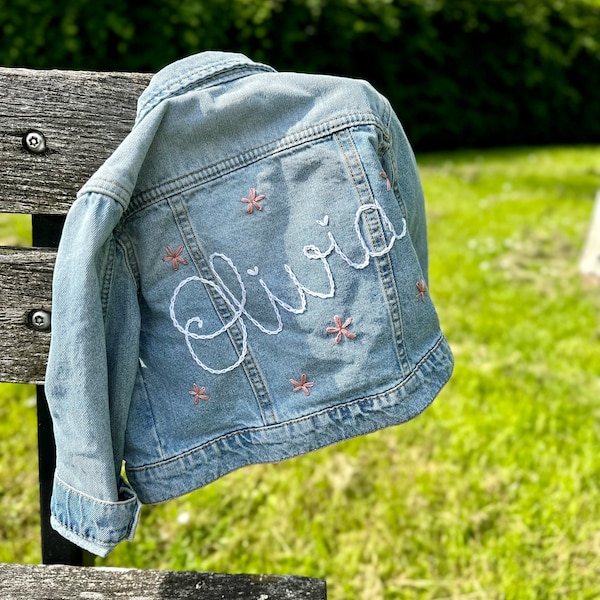 Name Embroidered Personalised Baby Children Denim Jacket - flowers