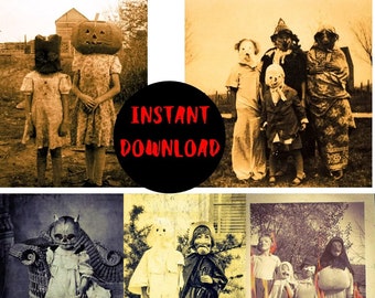 18 scary Vintage Halloween Photos bundle, Digital Halloween images, Pumpkin Head, Printable, Scrapbook, junk journals 4x6 Creepy kids PHOTOS