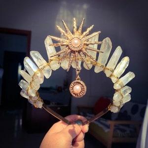 Tiara de cristal, corona de la diosa del sol, corona de cristal, cuarzo de cristal curativo, corona de bruja, boda de tiara, gótico, tocado de cristal, tiara nupcial