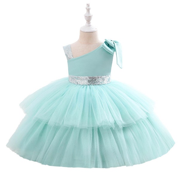 Green One shoulder girl dress tulle skirt Toddler Birthday dress special occasion dress princess dress flower girl Easter holiday Christmas