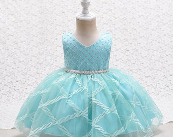 Ocean Green Sleeveless Crystal Embellished birthday party dress for baby toddler Christening photography flower girl or special occasion