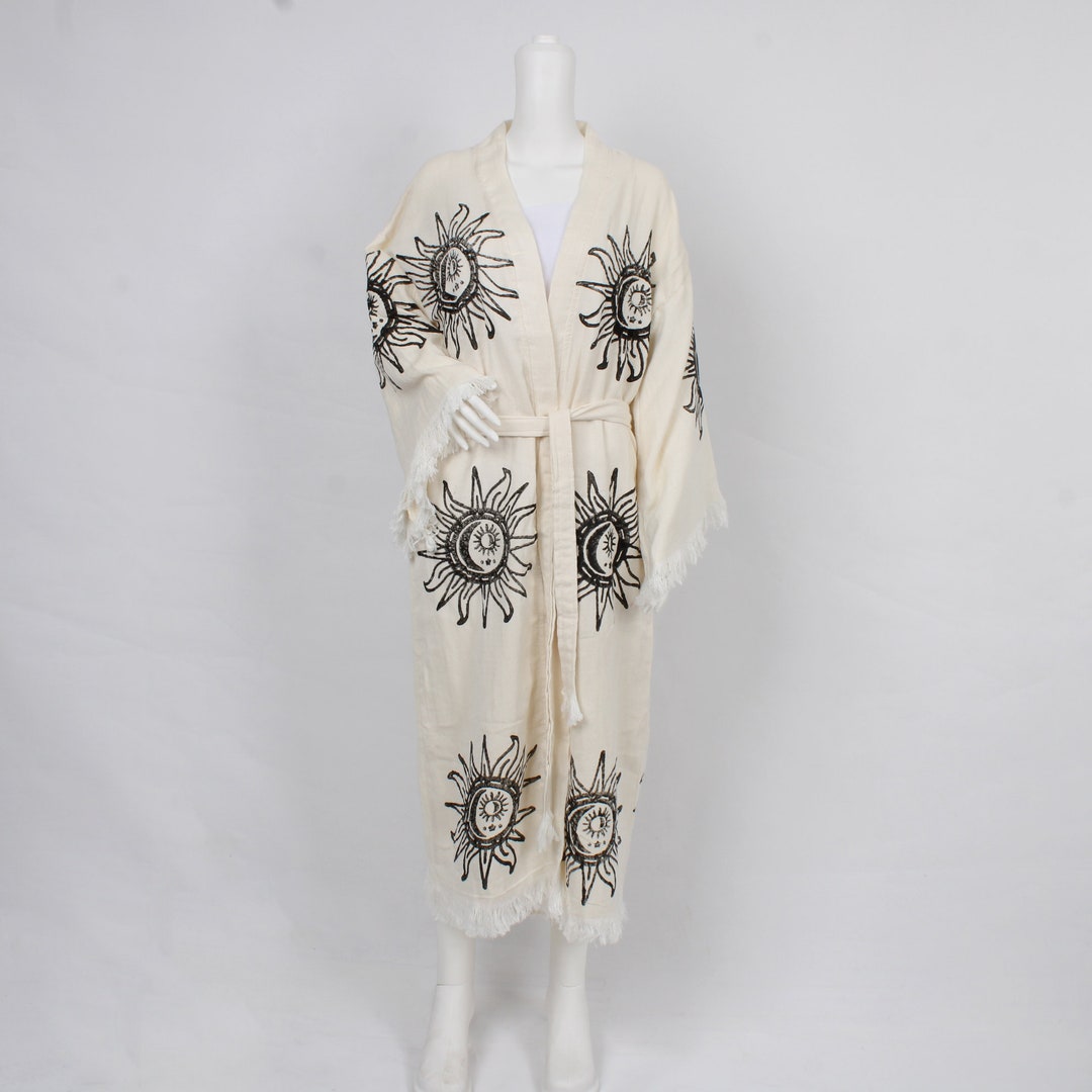 Elegant Bathrobe, Muslin Spa Kimono, Sun Patterned Beach Dress, Morning ...