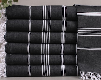 Turkish Towel, Organic Beach Towel, Black Peshtemal, Striped Peshtemal, 38x73 Inches Turkish Towel for Gift, Decorative Peshtemal,