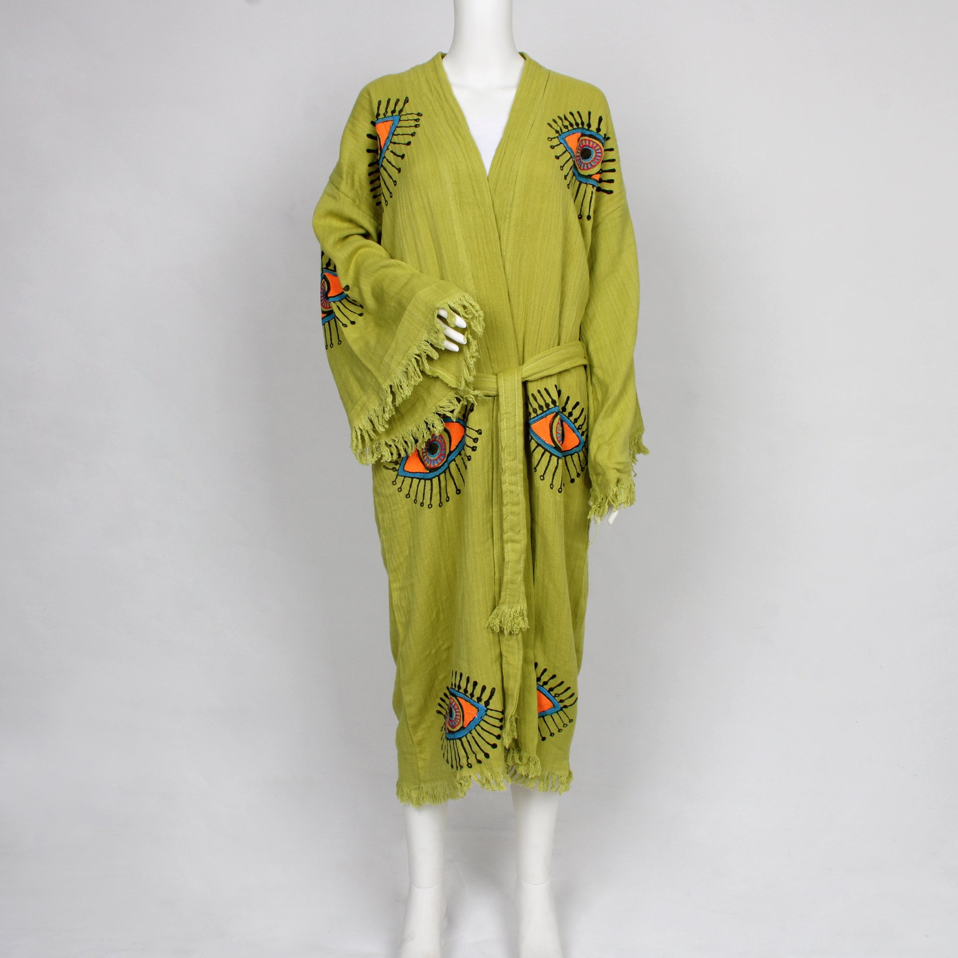Accappatoio personalizzato, accappatoio kimono, accappatoio spa personalizzato, morbido abito da spiaggia in mussola, accappatoio con motivo occhi verde pistacchio, Rb-Kmn
