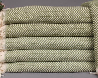 Beach Blanket, Turkish Bedspread, Light Khaki Green Blanket, Chevron Throw, 75x91 Inches Cotton Throw Blanket For Couch,